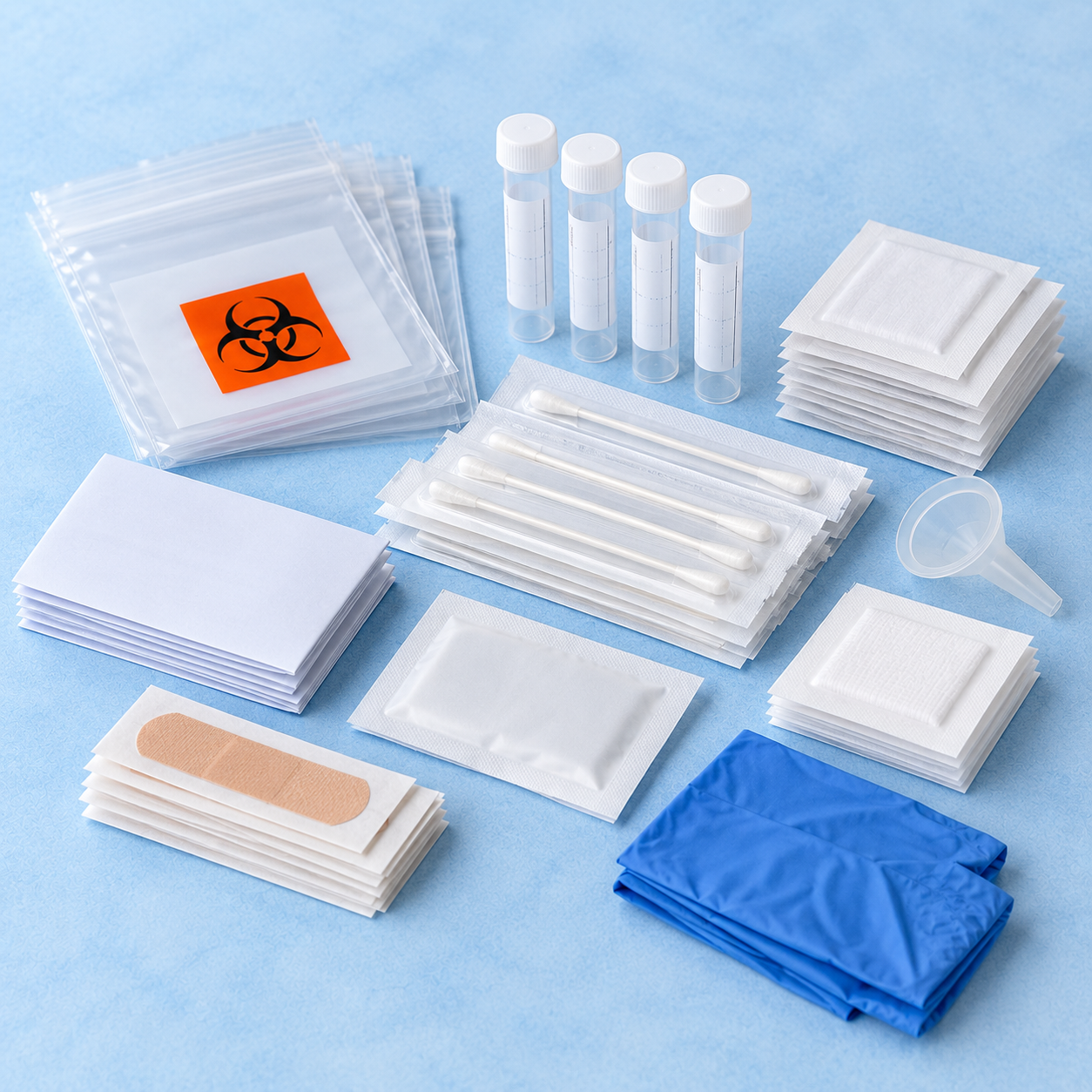 Diagnostic kit components organized for medical test kit assembly
