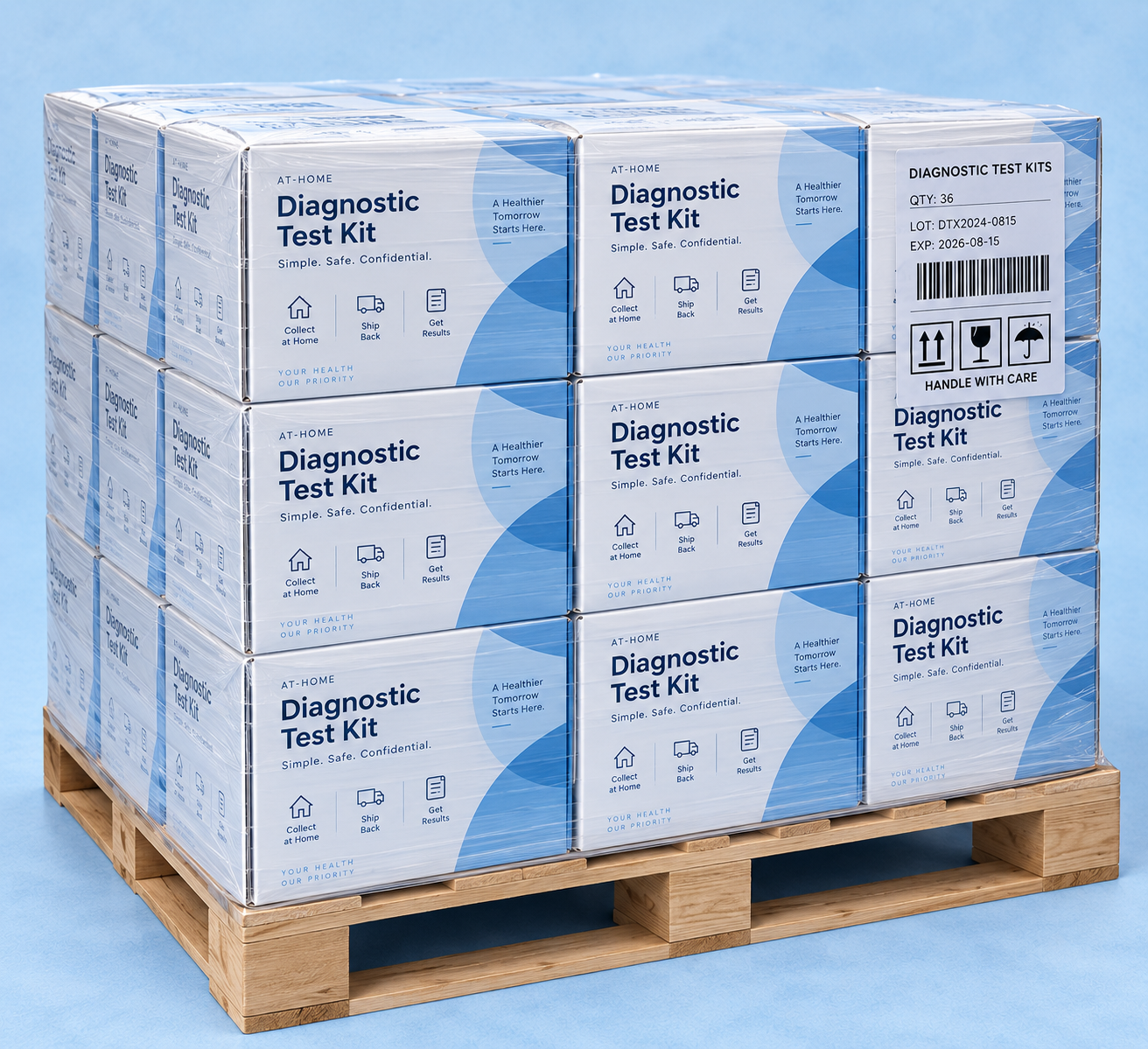 Packaged diagnostic test kits prepared for fulfillment and distribution