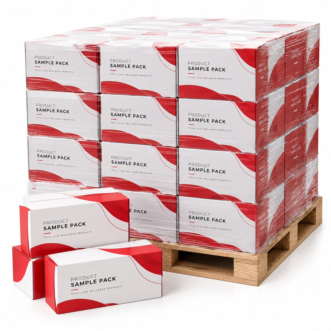 Completed product sample packs prepared for fulfillment and distribution