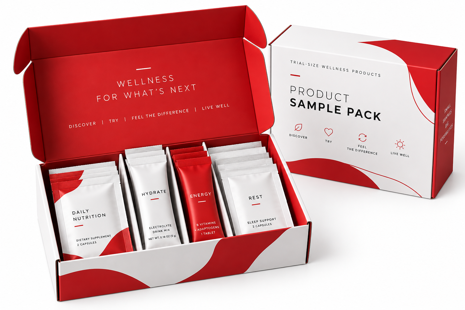 Multiple product samples organized for sample pack kitting