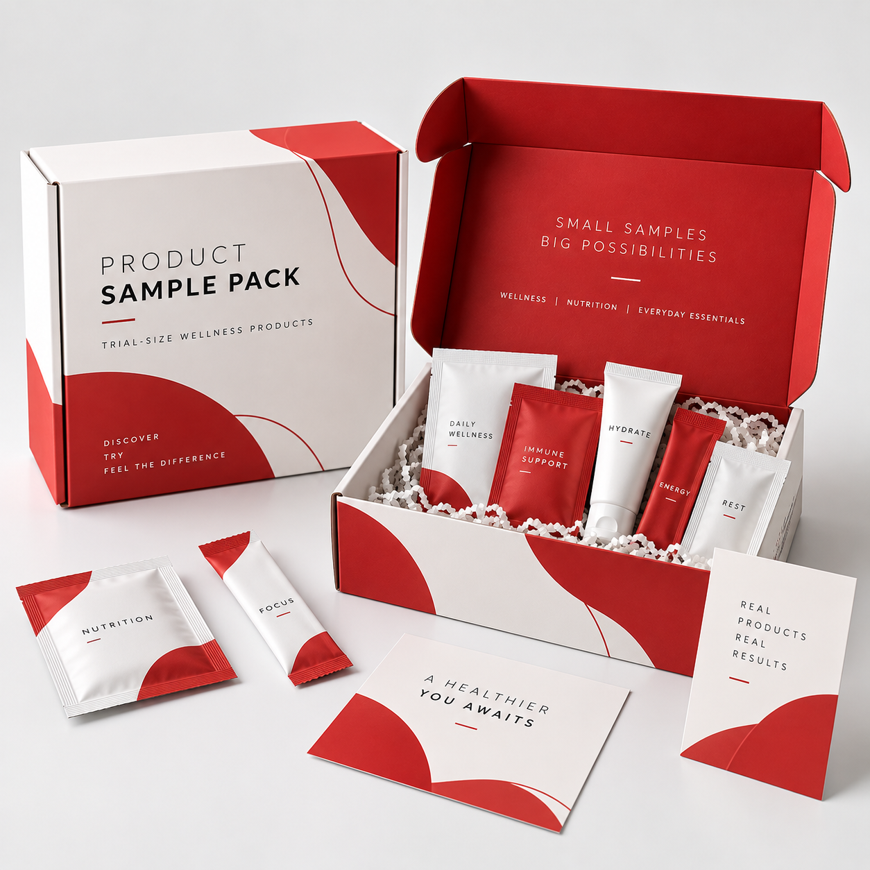 Custom product sample pack packaging design